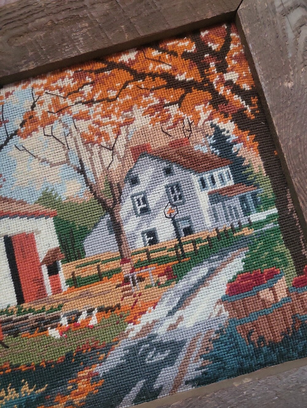 Vintage "The Roads Home" Needlepoint Barnwood Framed Wall Art ~ Farmhouse - Picture 7 of 9